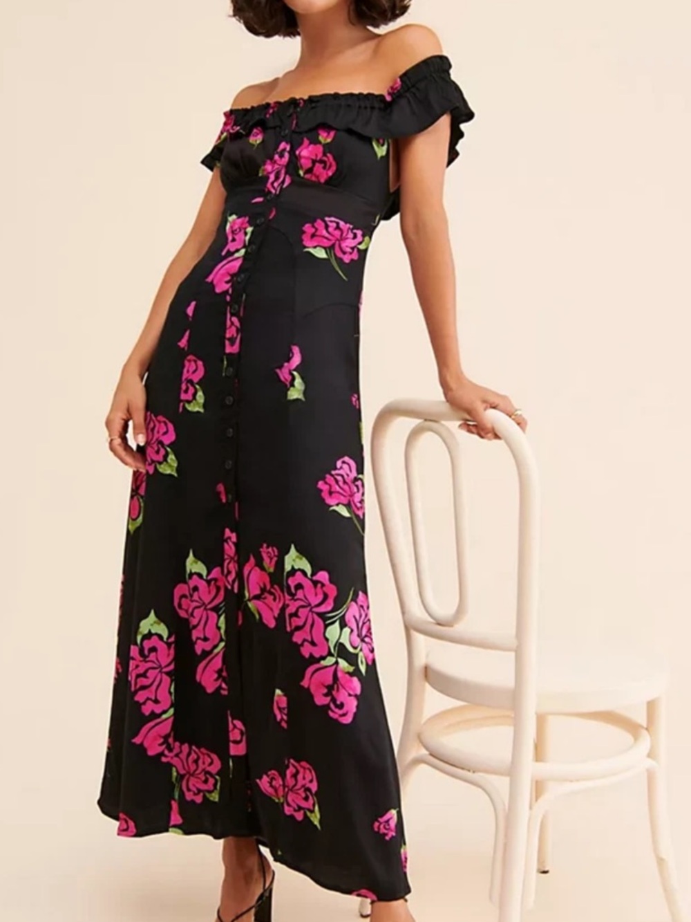 Free People Women’s She’s A Dream Black Off Shoulder Pink Rosette Maxi Dress